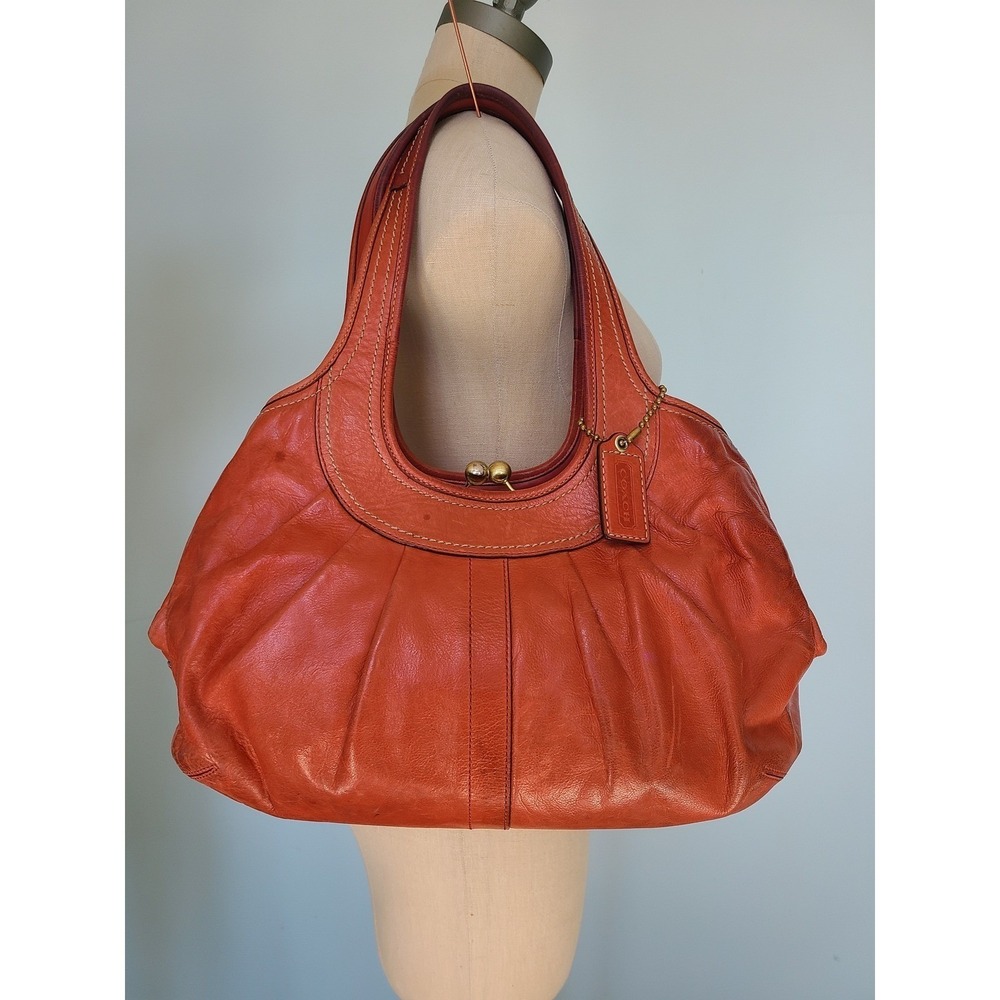 Y2K Coach Ergo Purse Kisslock Pleated Frame Salmon Pink Orange Leather Satchel